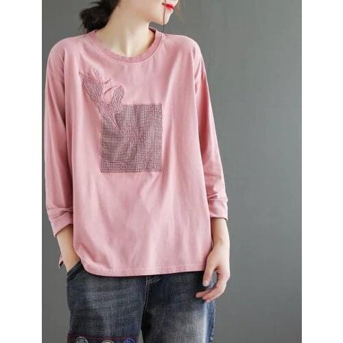 2021 New Autumn Spring 100% Cotton O Neck Long Sleeve womens t-shirt Fashion Korean Style Embroidery Oversized t shirt