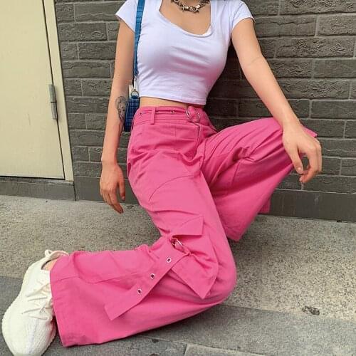 Loose Sashes Straight Pant Women 2021 High Waist Trousers Full Length Cargo Pant Pink Buttons Capris Pocket