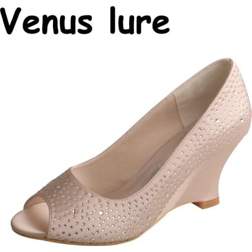 Venus lure Nude Wedge Wedding Shoes for Women Peep with Shiny Rhinestones