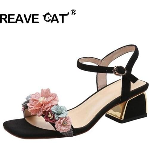 REAVE CAT 2021 Fashion Sandals Kid Suede Open Toe Flower Buckle Strap 5cm Slingbacks Strange Heel US11 Blue Apricot Black A4307