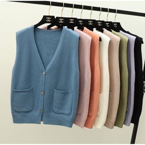 Knitted vest women cardigan autumn and winter short sleeveless v-neck solid color single-breasted sweater fashion casual