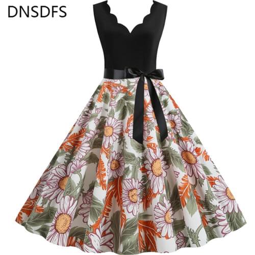 Sexy Party V Neck Slim A Line Midi Dress 2020 New Women Casual Tunic Elegant Sleeveless Flower Print Dress Female Sundress