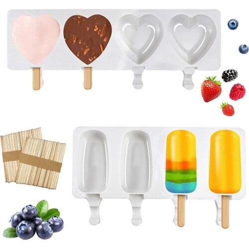 2 Pcs Silicone Popsicle Molds For Cake & Ice Cream,4 Cavities Ice Maker Molds With 100 Wooden Sticks For DIY Ice Cream