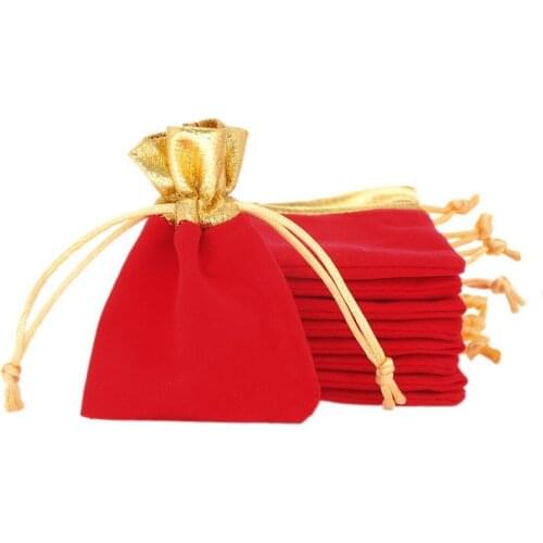 50Pcs/lot Red gold edge Wedding party gift storage bag Christmas candy box velvet cloth Pull rope jewelry pocket Party supplies