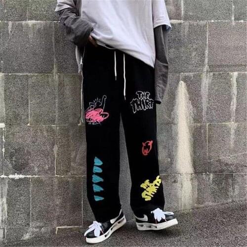 Black Graffi Trousers Teens Autumn Men High Street Sweatpants Hip Hop Streetwear Male Pants Harajuku 2021 Japan Funny Punk Pants