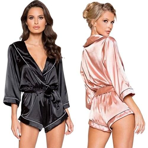Elegant Hostess Comfortable Home Clothes Lapel Full Sexy Deep V with Belt Shorts Pajamas Loose One-piece Cardigan Homewear