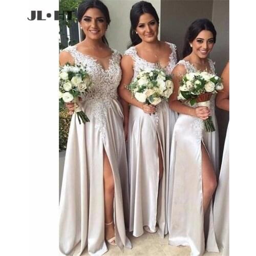 Elegant Ivory Bridesmaid Dresses with Appliques Lace Bridesmaid Gown Front Slit Floor Length Chiffon Wedding Party Dress