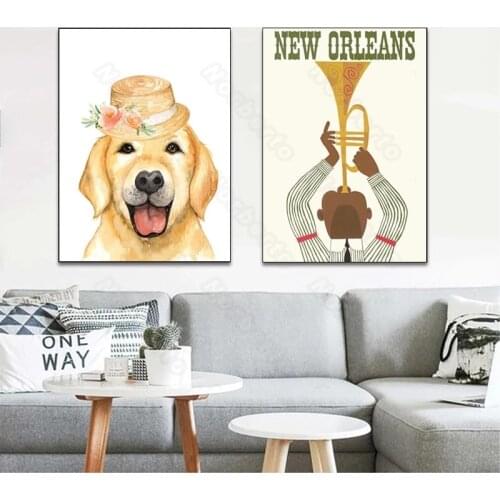 Modern Style Canvas Painting Poster Print Cute Dogs New Orleans Pretty Woman for Living Rooms Bedrooms Gallery Wall Decoration