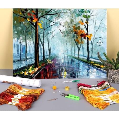 Oil Painting Style Rainy Day Printed Canvas 11CT Cross-Stitch Complete Kit Embroidery DMC Threads Needlework Sewing Floss
