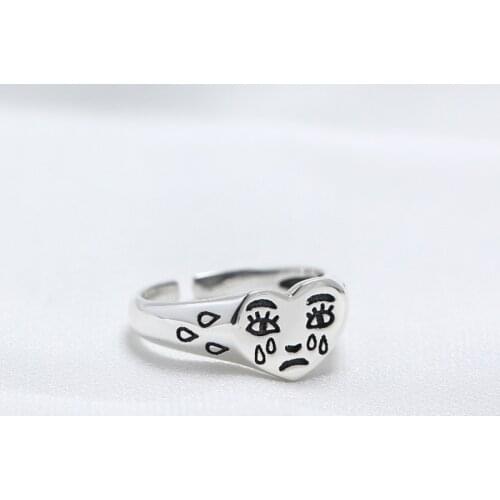 Retro Ancient Silver Color Love Crying Face Open Ring For Women Simple Cute Geometric Sad Tears Faces Adjustable Rings A914