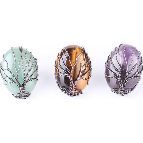 Natural Stone Oval Ring Retro Handmade Tree Of Life Winding Adjustable Ring Jewelry