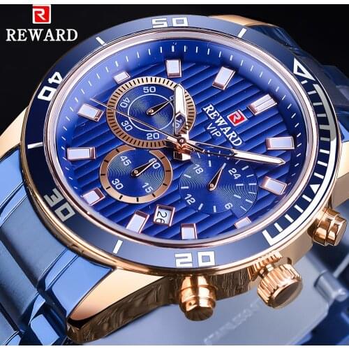 REWARD Blue Stainless Steel Fashion Business Designer Mens Watch Sport Quartz Three Dial Wrist Watches Top Brand Luxury Clock