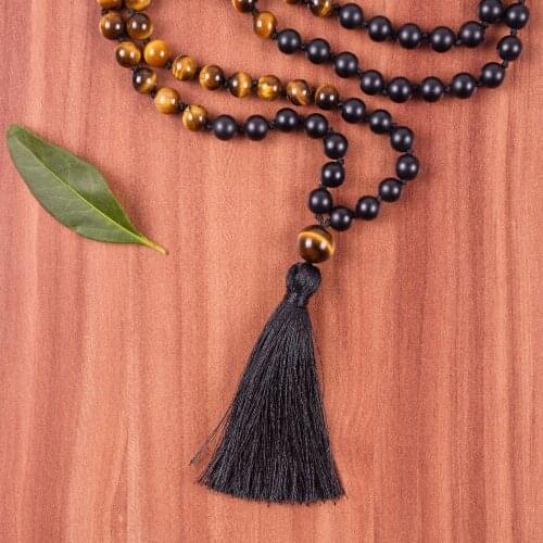 108 Mala Beads Necklace Meditation Yoga Prayer Necklaces Knotted Tassel Necklace Buddhist Mala Rosary Beads Matte Black Onyx