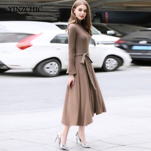 Thick Womans Winter Knitted Dresses Solid Color Woman Slim A-Line Dress Autumn Female Party Warm Dress Casual Street Dress Women