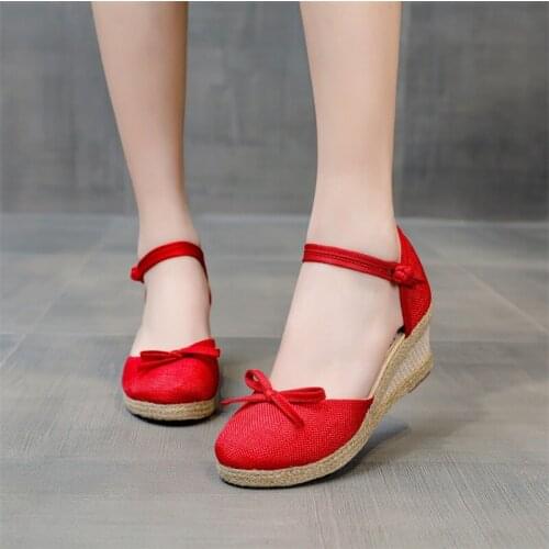 Summer Women Linen Bow Knot 6cm Wedge Sandals Bohemian Ladies Casual Comfortable Hemp Espadrilles Platform Pumps 34-41