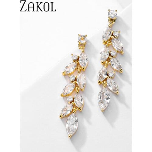ZAKOL 2021 New Elegant Cubic Zirconia Leaf Long Dangle Earrings for Women Fashion Wedding Jewelry Female EP2834