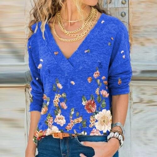 Women Vintage Flower Printed T Shirt 2021 New Spring Casual Loose V-neck 5xl Tops Office Lady Plus Size Long Sleeve Tee Clothes