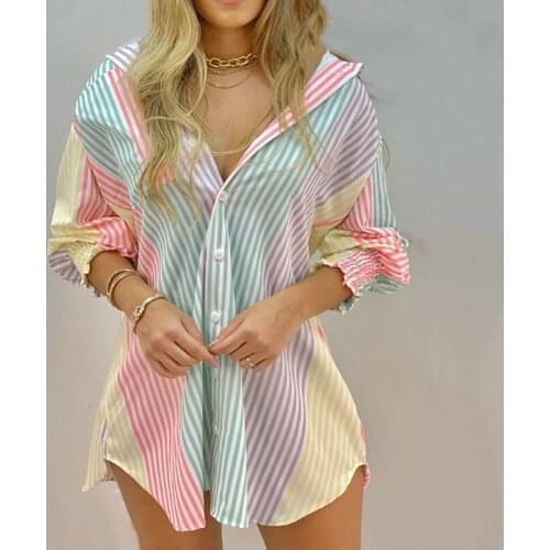 Women Striped Butterfly Print Long Shirt Blouse Long Sleeve Button V Neck Beach Cover Up Tops Blouses Shirts Femme Blusas Mujer