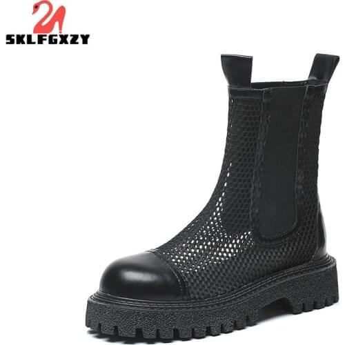 2021 New Summer Style Genuine Leather Women Chelsea Mesh Boots Sandals Cowhide Non-slip Soles Locomotive Shoes Black Ankle Boots