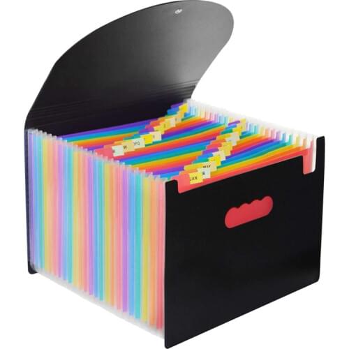 24 Pocket Extended File Folder With Lid, Qefuna A4 Letter Size Expandable File Storage Box Can Carry Rainbow Document Bag