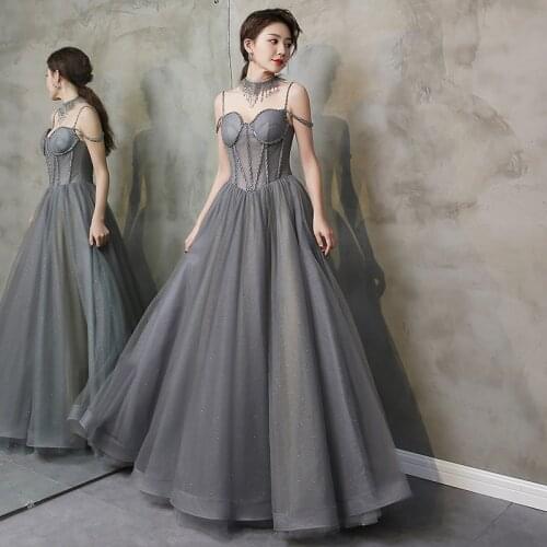 Sparkling Gray Evening Dresses Soft Tulle with Sequins Floor Length Prom Gowns