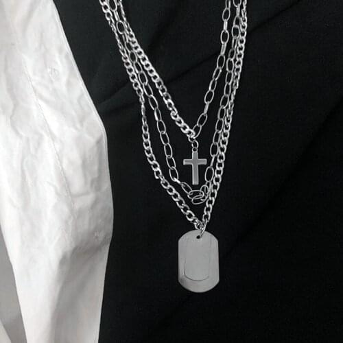 Punk Chain Cross Necklace Men Fashion Rock Style Stainless Steel Multilayer Geometric Pendant Necklace for Women