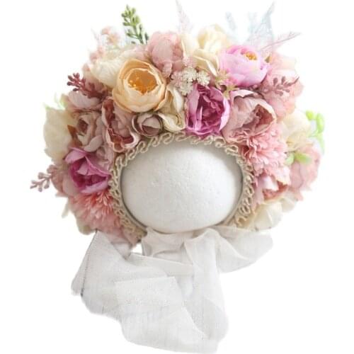 Floral Bonnet Newborn Photography Props Baby Girl Lace Flower Bonnet Vintage Pastel Pink Flower Hat Ruffle Cap Shower Gift