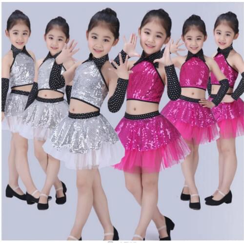 Girl Jazz Dance Children Sequin Modern Dance Hip Hop Costumes Girl Stage Jazz Dance Costumes Suit for Girls Top and Skirt