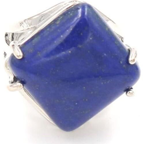 FYSL Silver Plated Rhombus Shape Lapis Lazuli Resizable Finger Ring for Gift Green Turquoises Stone Jewelry