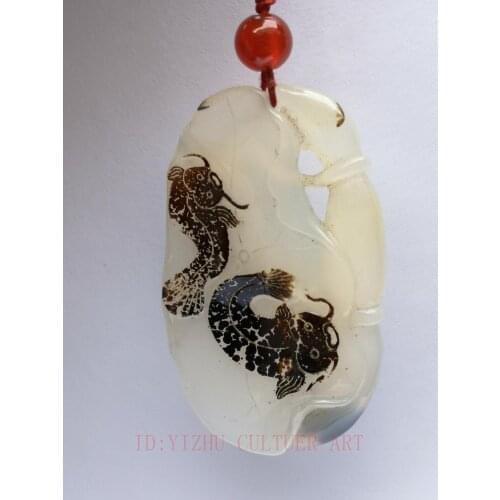 YIZHU CULTUER ART Collection Rare China Natural Agate Jade Hand Carving Fish Lotus root Statue Pendant