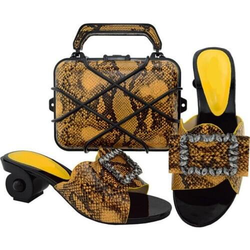 Nice looking yellow women kitten heel 6.5CM with rhinestone african shoes match handbag set for dress GL02