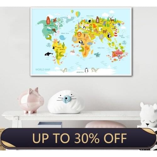 Sea Life Continents Animal World Map Picture Children Poster Nursery Wall Art Canvas Print Painting Baby Kids Bedroom Decoration