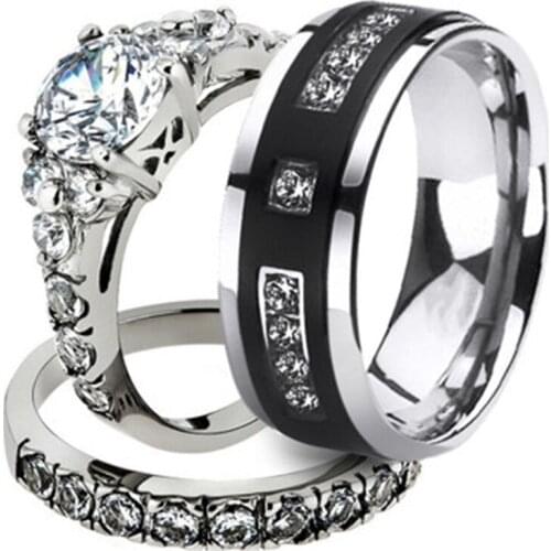 Men Fashion Stainless Steel Black Ring Ladies Rhinestone Silver Color Couple Jewelry Accessories Anniversary Birthday Gift