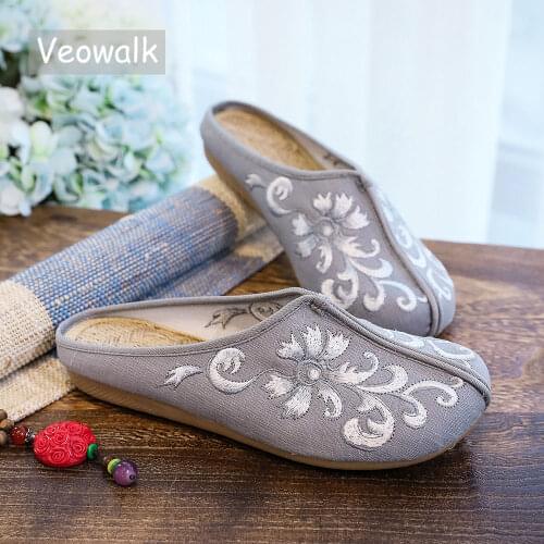 Veowalk Vegan Women Cotton Fabric Flat Mules Slippers Summer Comfortable Casual Close Toe Embroidered Shoes Grey Green White