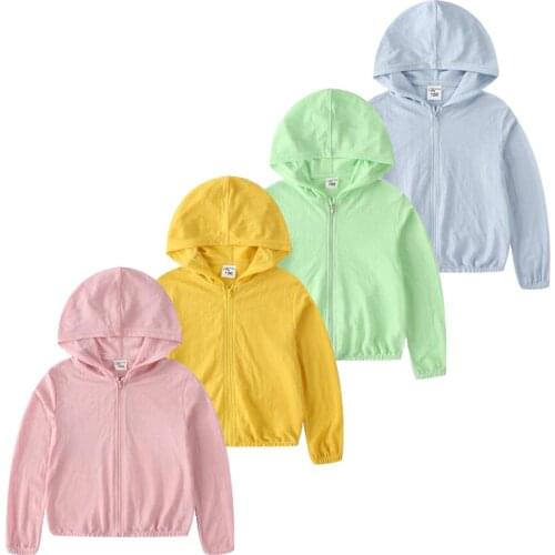 Summer New Casual Kids Boys Sun Proof Clothes Girls Long Sleeve Thin Style Coat Candy Colors Cotton With Hoodie Zipper Outwear
