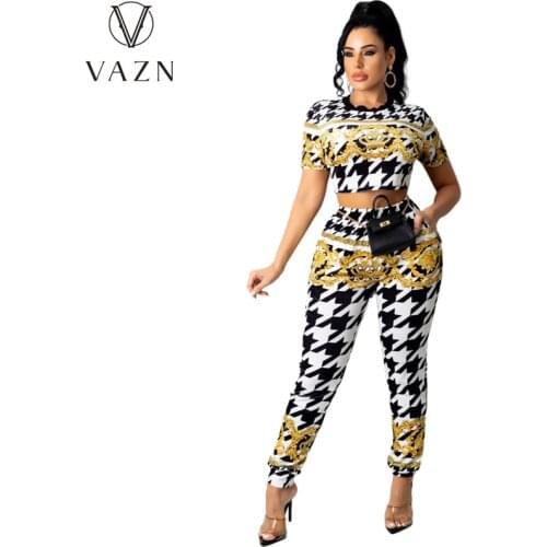 VAZN 2021 New Design O-neck Plaid Short Sleeve Sport Gym Running Suits High Street Sexy 2 Piece Set Women Top And Pant Summer