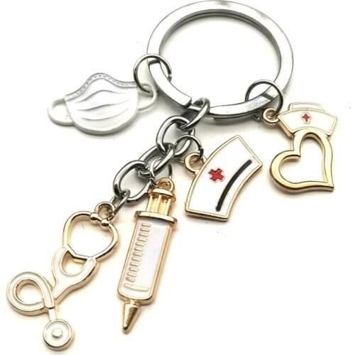New Design Keychain Doctor Medical Tool Stethoscope Syringe Nurse Cap Face Mask Key Ring Nurse Medical Gift Souvenir