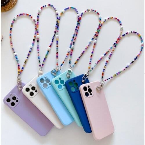 Phone Case with Colorful Boho Beaded Strap Cord Chain For iPhone 11 12 Pro Max X XR XS Max 7 8 Plus Shockproof Solid Candy Cover