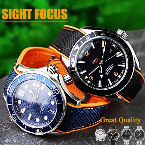 22mm Nylon Rubber Lining Watch Band for Omega Seamaster Planet Ocean 8900 9900 8800 Orange Bracelets Belt Composite Watch Strap