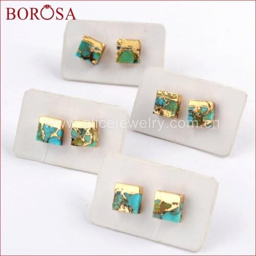 BOROSA 5/10Pairs Gold Color 7mm Square Copper Natural Turquoises Stud Earrings Natural Blue Stone Earrings Druzy Jewelry G1648