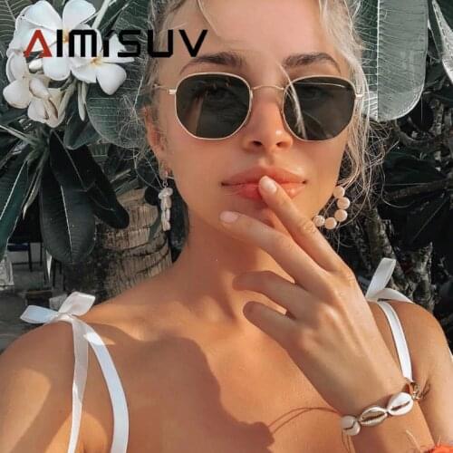 AIMISUV Hexagon Sunglasses Women Brand Designer Small Square Sunglasses Men Metal Frame Driving Glasses Female