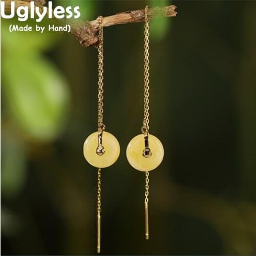 Uglyless Summer Fashion Dress 10CM long Ear Lines for Women Natural Amber Beeswax Peace Buttons Earrings 925 Silver Brincos Gold