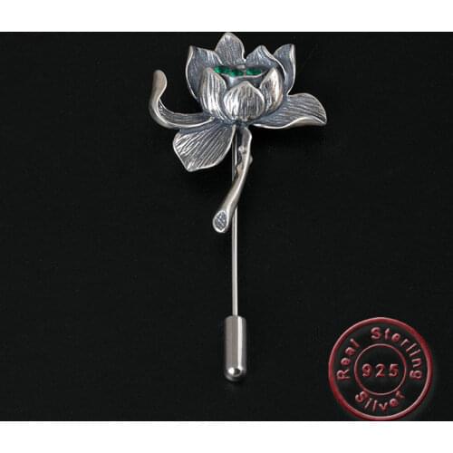 Amxiu Handmade 925 Jewelry Antique Silver Vintage Brooch Lotus Flower Brooches for Women Mom Gift Clothes Hat Suit Accessories