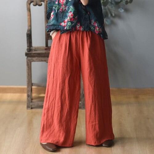 Johnature Women Embroidery Cotton Linen Wide Leg Pants Vintage Loose Trouser 2021 New Summer Solid Color Women Casual Pants