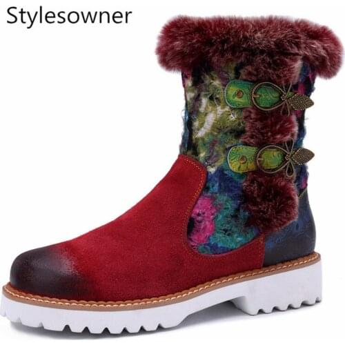 Stylesowner Hot Style 2019 Winter Warm Woman Snow Boots with Plush Ethnic Style Genuine Leather Mature Leisure Woman Boots