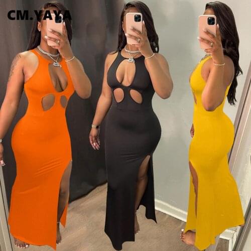 CM.YAYA Women Cut Out Hole Sleeveless Bodycon Midi Maxi Dress Sexy Night Party High Side Slit Long Summer Pencil Solid Dresses