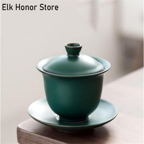 160ML Japanese Style Retro Blackish Green Coarse Pottery Gaiwan Ceramic Kung Fu Tea Tureen HeatResistant Tea Bowl Household Gift