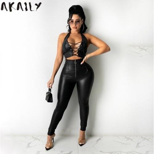 Akaily 2021 Summer Streetwear Black PU 2 Two Piece Sets Women Outfits Bandage Backless Faux Leather Top Zipper Bodycon Pants Set