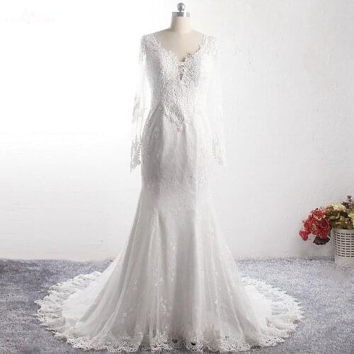 LZ362 V-neck Long Sleeve Illusion Back Beaded Mermaid Dress Pearl Buttons Lace Long Wedding Dress Vestido De Noiva
