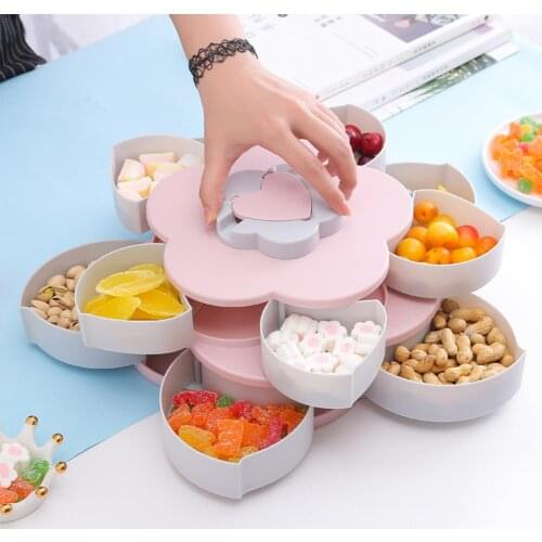 Double Layers Fruit Tray Pink Flower Rotating Candy Box Snacks Serving Plate For Appetizer Nuts Dried Fruit Kitchen Accessories